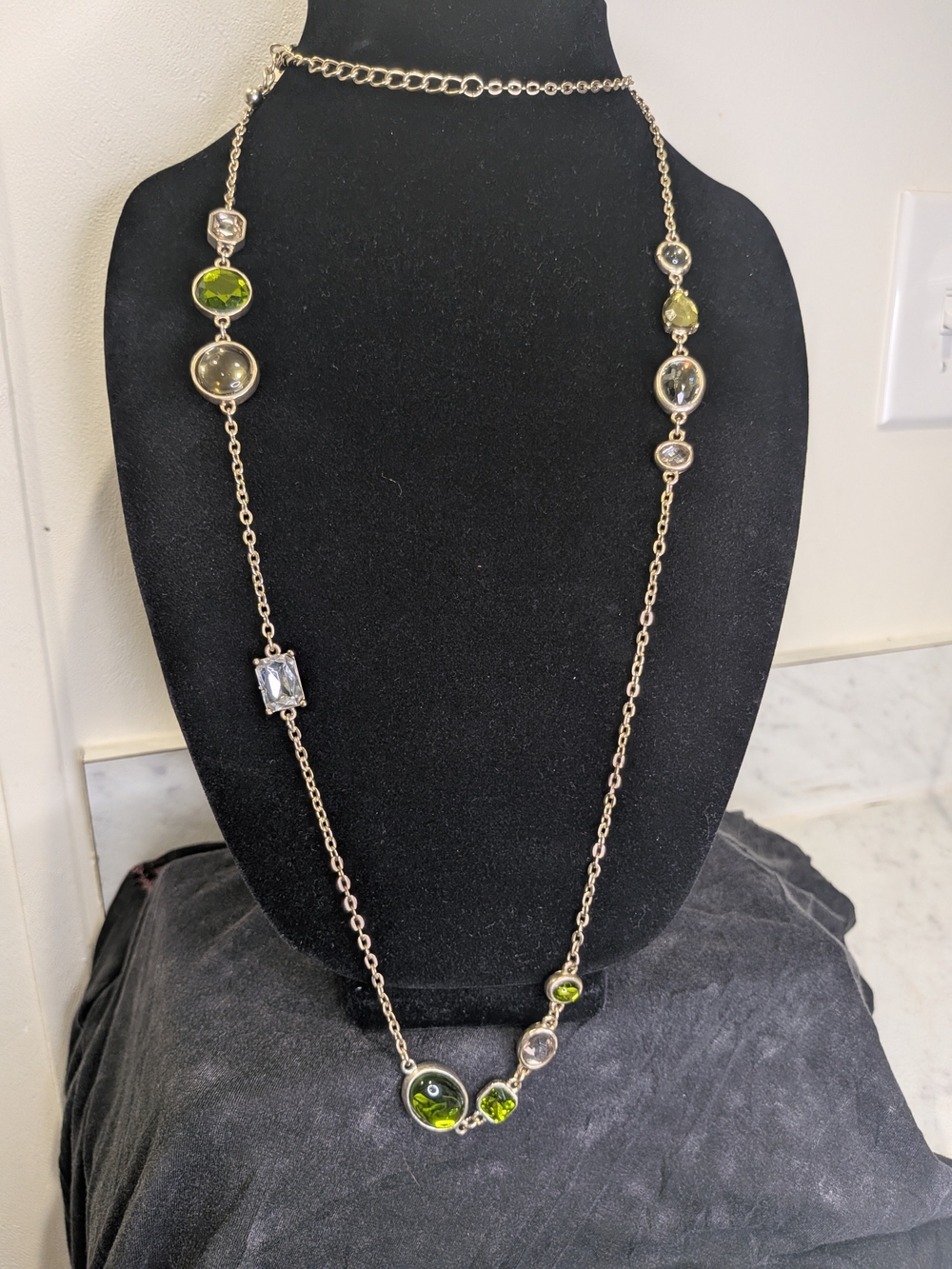 Chico's Gold-Tone Station Necklace with Green and Gray Stones